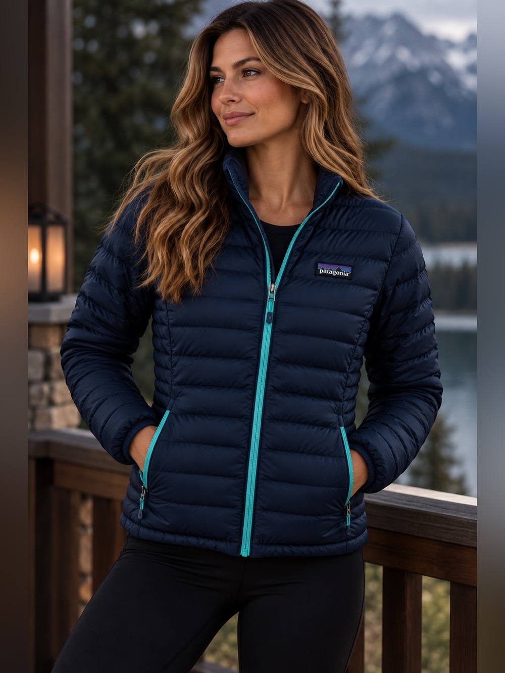 Patagonia Women’s Navy Down Puffer Jacket Size S Teal Zippers Like New